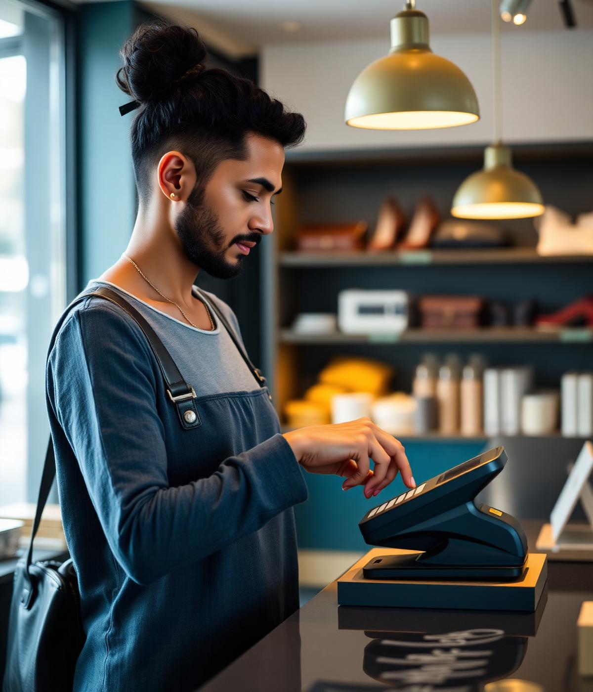 Business owner accepting a card payment on a countertop terminal